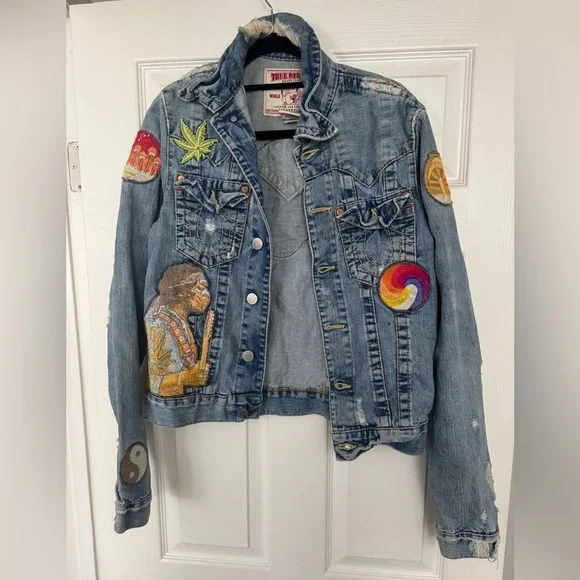 ジャケット・アウター Rare True Religion Jean Jacket s NWT RARE True Religion Men's Denim Graffiti Trucker Jacket